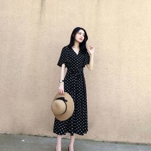브이넥 미디원피스 오버핏 빅사이즈 여름 도트 롱 뚱뚱함 M 엠반팔티 여성 허리보정 슬림핏 쉬폰원피스 4943040250