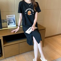 스타일아유 여성 여름 라운드 반팔 원피스 햄버거 프린트 도안 오버핏 롱 원피스