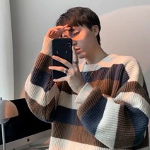 라운드넥긴팔니트 줄무늬 스웨터 남자 겨울 가을 트렌드 와이드 루즈핏 굵은 실 이너니트 키치한 풀오버 후드 2800747436