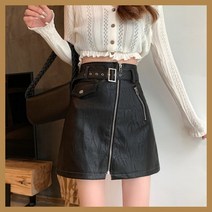 벨트포함 앞지퍼 가죽 스커트 치마 겨울가을 A라인 미니스커트 인조가죽 레더치마 스커트