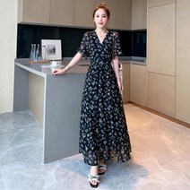쉬폰 잔꽃 원피스 2022 여름 모리 한국 도라지 발목 원피스 슬리밍 블랙 원피스 빠른배송