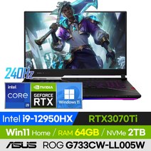 [사은품 증정!] ASUS ROG SCAR 17SE G733CW-LL005W 롤 배그 오버워치 피파 17인치 고사양 게이밍 노트북 (코어i9-12950HX/RTX3070Ti), 윈도우 포함, 64GB, 2TB, 코어i9, 오프 블랙
