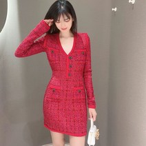명품 수입 원피스 스타일 일자 레드 니트 가디건 브이넥 긴팔 미니 드레스