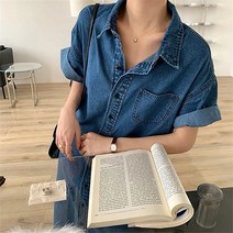 순이들 여성 청 데님 롤업 반팔 셔츠 원피스