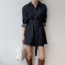 청 흑청 루즈핏 벨트 포켓 데님 미니 원피스