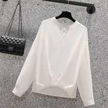 따봉오빠 여성 긴팔 밑단 시보리 포인트 라운드 블라우스 화이트(DB277)