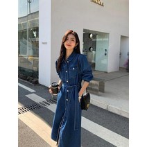 청데님원피스브이넥원피스멜빵데님 패션 데님 드레스 여성용 긴 소매 허리띠 중간 길이 스플릿 셔츠 스커트 y2k 빈티지 요정 파티