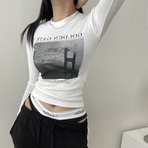 VANANA2 국내생산 힙한 프린팅 미니멀 슬림 쫀쫀 골든 라운드 긴팔 티셔츠