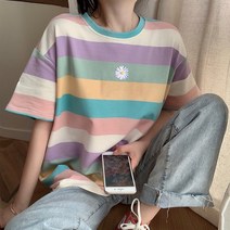 소녀풍원피스 현아한 무드 무지개 색상 줄무늬 숏 데이지 t셔츠 여성 여름 트렌드 개성 반팔 상의 1833676256