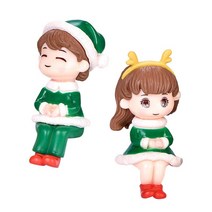 마이크로 풍경 기념일 탁상용 2x 귀여운 크리스마스 커플 인형 조각 장난감, PVC, 녹색
