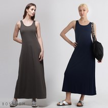 BOSROOM 여자 민소매 롱 원피스 라운드 롱탑