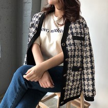 [비비애르] 샤네루 노카라 트위드 가디건 자켓 루즈핏 하운드 체크 브이넥