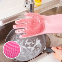 실리콘 미끄럼방지 수세미 고무장갑, 핑크