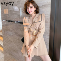 vsyoy 나무 귀 목도리 더블 브레스트 벨트 정장 재킷 반바지 정장 여성의 이른 봄 새로운