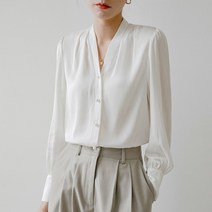 오버클래쓰 여성 브이넥 블라우스 루즈 쉬폰 퍼프소매 단색 기본
