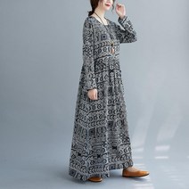에스닉 긴팔 맥시 롱 원피스 라운드넥 화려한 패턴 무늬 중년 엄마 큰옷 편한 빅사이즈