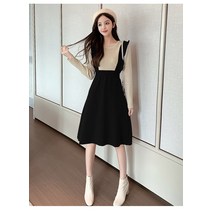 슬림핏 투피스 느낌 프릴 멜빵 니트 원피스//