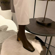VSYOY 갈색 바느질 짧은 부츠 여성 하이힐 두꺼운 힐 지퍼 스퀘어 헤드 2023 새로운 겨울 한국 스타일 스트레치 얇은 부츠