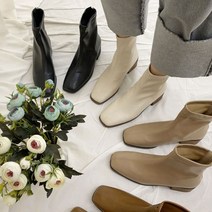 스퀘어 미들힐 앵글부츠 4CM 스판 가죽 통굽 기모 앵클 부츠