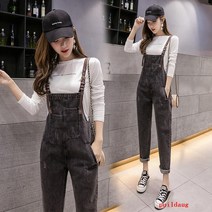 puildaug 데님 스트랩 여성 스키니 봄과 가을 패션 스트레이트 바지