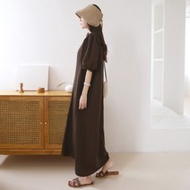 여성 데일리 베이직 린넨 퍼프소매 라운드넥 롱원피스
