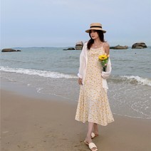 빅 사이즈 여성 스몰 잔잔한 플라워 나시 스커트 여름 분위기 허리 여밈 날씬해 보이는 쉬폰 원피스자외선 차단복