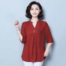 [바쿠]여성 빅사이즈 중앙 라운드 브로치 브이넥 카라 블라우스[6375mw06073sy]
