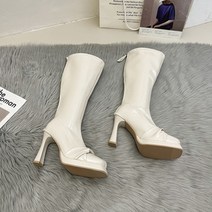 가보시 셔링 꼬임 디자인 통굽 여성 10cm 하이힐 앵클 롱 부츠