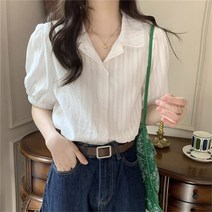 여자 반팔 퍼프 소매 카라 줄무늬 블라우스 직장인옷