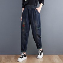 도오빠 아모리 여성 기모 청바지 자수 밴딩 데님 와이드 팬츠 배기핏 안감 면바지 빅사이즈 워싱 스판 겨울 따뜻한 여자청바지 프리사이즈
