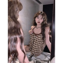 체크 복고 레트로 홀터넥 캐미솔 여성 여름 탑