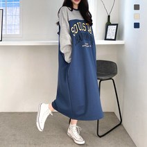 빅걸스토리 여성 빅사이즈 기모 내셔널 레터링 박스핏 겨울 데일리 원피스