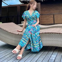 [헬로 바캉스] RH-103 민트 여름 브이넥 반팔 랩원피스 휴양지 해변 롱 비치 원피스