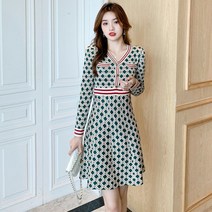 오피스룩 하객룩 체크 아가일 삼선 배색 울니트 미디 롱원피스 1813-138