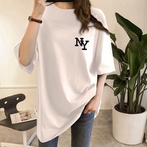[오늘발송] 스타일아유 여성 반팔 티셔츠 NY 로고 오버핏 여자 반팔티 롱 티 노마진 루즈핏 박스 프린트