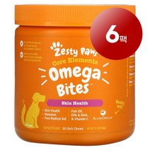리암마켓 Zesty Paws 제스티 포우즈 강아지용 면역 건강한 피부 털 관리 보충제 오메가 바이트 베이컨맛 소프트 츄 90정 1팩, 6팩
