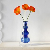 이중 유리 버블 화병 더블레이어드 투명 이케바나 튤립 한송이 조화 꽃병 특이한 오브제 원통 디퓨저병, 블루