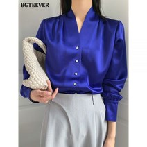 코발트 블루 셔츠 파란색 블라우스 남방 난방 BGTEEVER v 목 싱글 브래지어 숙녀 새틴 여름 풀 슬리브 느슨한 세련된 솔리드 탑스