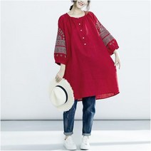 F74901 소매자수 루즈핏 면마원피스 린넨롱블라우스