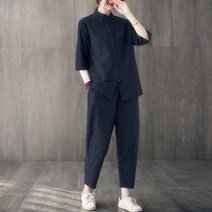 생활한복 개량 태극권 중국 스타일 여성 솔리드 코튼 당나라 정장 2PCS 셔츠 & 바지 Hanfu 의류 세트