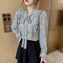 넷투넷코리아 여성 리본카라 심플 플라워패턴 데일리 기본 블라우스