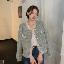 봄 가을 여성 시슬리 라운드넥 트위드 자켓