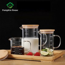 유리 측정 컵 붕규산 측정 컵 손잡이와 대나무 뚜껑이있는 내열성 비커 대용량 Mohr, 350ml, 350ml