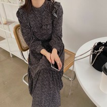 러블리 변형 도트 가슴프릴 루즈핏 롱 원피스