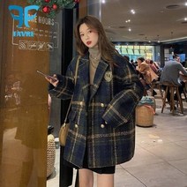 떡볶이 코트 여성 체크 무늬 모직 자켓 소녀 블레이저 영국 스타일 오버 더블 브레스트 옷깃 두꺼운, AS PICTURE_S 42.5-50kg