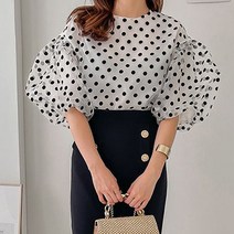 반소매 도트 볼륨 블라우스