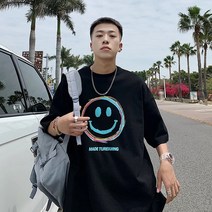 커플룩 100% 순면 스마일 프린트 반팔 화이트 티셔츠 남여름 아이스감 ins 루즈 커플 포트룩