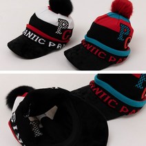 여성 골프웨어 겨울 모자 3단배색 방울 니트 골프모자, 레드