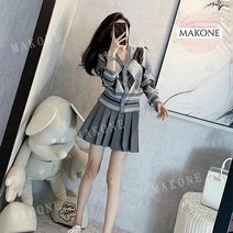 Makone 상표등록 빈티지 작은 키가 커 보이는 회색 니트 가디건 스커트 투피스