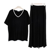 퍼니걸스 배색 홈웨어 레이온 반팔 브이넥 트레이닝 세트_3398